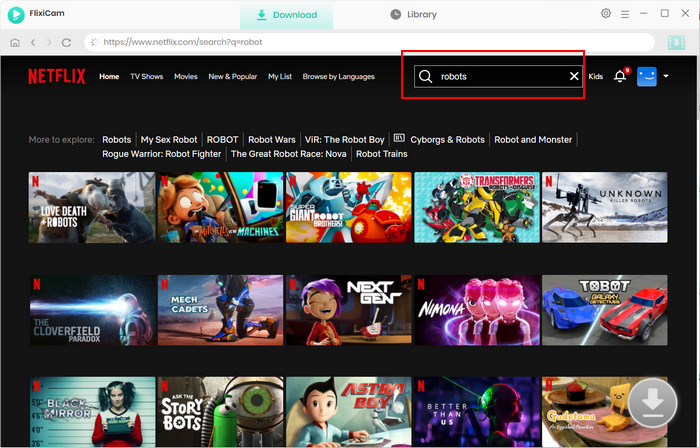 Screenshot: FlixiCam sign in and search